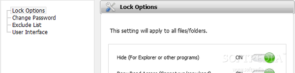 Showing the IObit Protected Folder lock options panel